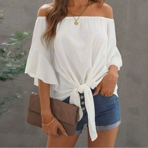 SHEIN VCAY Off Shoulder Flounce Sleeve Knot Hem Blouse